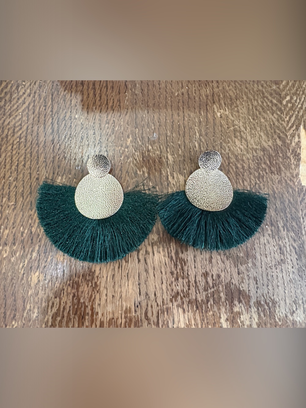 Gold Disc and Dark Green Tassel Fan Earrings